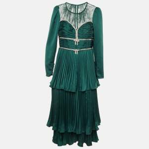 Pre Owned Self-Portrait Green Satin Crystal Embellished Tiered Maxi Dress L