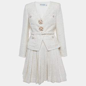 Pre Owned Self-Portrait Cream Metallic Boucle Mini Jacket Dress M