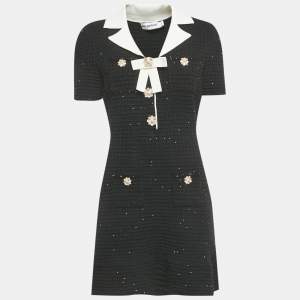 Pre Owned Self-Portrait Black Sequin Tweed Knit Bow Mini Dress M