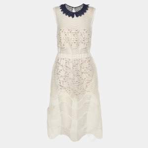 Pre Owned Self-Portrait White Sequined Lace Romper Detail Sleeveless Midi Dress M