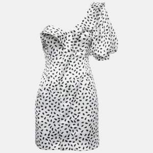 Pre Owned Self-Portrait White Dotted Satin One Shoulder Mini Dress S