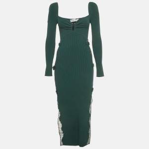 Pre Owned Self-Portrait Deep Green Lace Inserts Rib Knit Midi Dress S