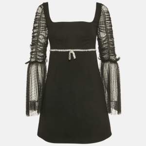 Pre Owned Self-Portrait Black Dot Mesh and Crepe Diamante Bow Mini Dress S