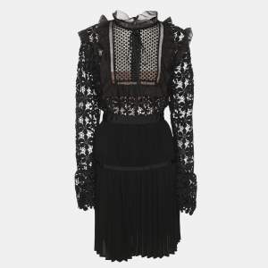 Pre Owned Self-Portrait Black Guipure Lace & Organza Trim Pleated Adeline Dress L