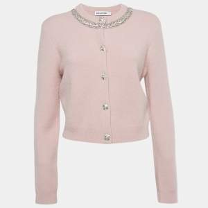 Pre Owned Self-Portrait Pink Knit Crystal Embellished Cardigan M 