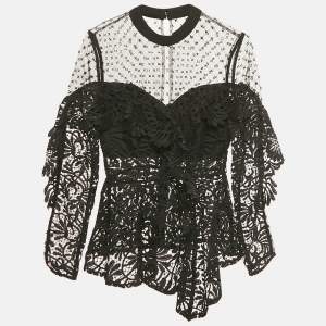 Pre Owned Self-Portrait Black Beaded Tulle and Lace Top XS