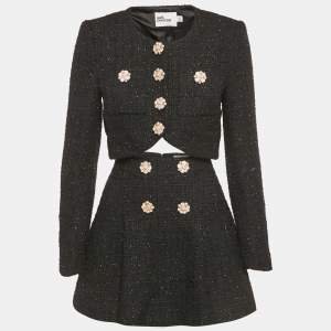 Pre Owned مجموعة جاكيت قصير وتنورة ميني قماش لوريكس تويد أسود سيلف بورتريه صغير