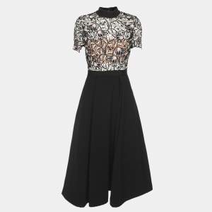 Pre Owned Self-Portrait Black Lace Trim Crepe Midi Dress S