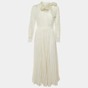 Pre Owned Self-Portrait Ivory Lace & Plisse Neck Tie Detail Wedding Gown M