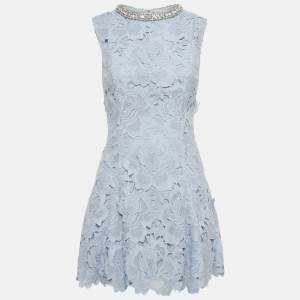 مملوكة مسبقًا Self-Portrait Blue Flower Lace Crystal Detail Mini Dress S