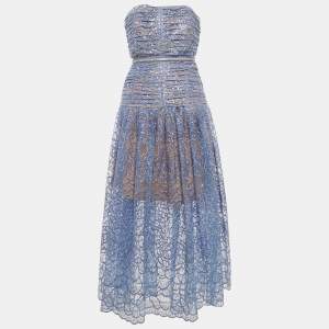 Pre Owned Self-Portrait Blue Embroidered Sequin Strapless Midi Dress S