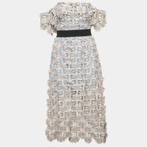 Pre Owned فستان سيلف بورتريت ميدي دانتيل جيوبير أزرق/وردي مفتوح الكتف مقاس صغير - سمول