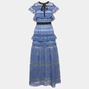 مملوكة مسبقًا Self-Portrait Blue Teardrop Guipure Lace Daphne Maxi Dress S