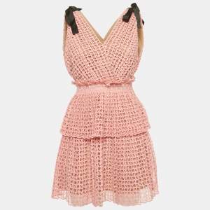 مملوكة مسبقًا Self-Portrait Light Orange Guipure Lace Bow-Detail Tiered Dress S