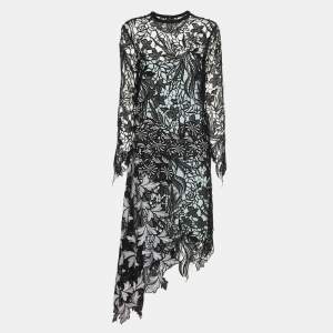 Pre Owned Self-Portrait Black Asymmetric Hem Vine Lace Midi Dress M