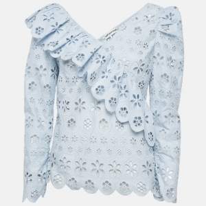 Pre Owned Self-Portrait Blue Broderie Anglaise Frilled Top S