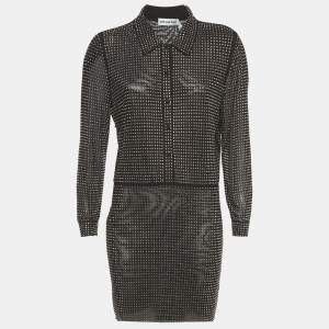 مملوكة مسبقًا Self-Portrait Black Mesh Rhinestone Mini Shirt Dress M