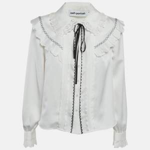 Pre Owned Self-Portrait White Twill Frill Yoke Shirt M
