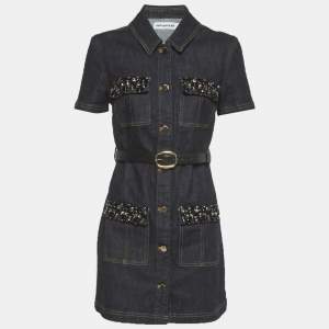 Pre Owned Self-Portrait Blue Denim Crystal Trim Mini Dress M
