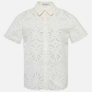 Pre Owned توب سيلف بورتريه أبيض قطن مطرز بأكمام قصيرة مقاس متوسط