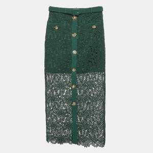 Pre Owned Self-Portrait Green Guipure Lace Belted Midi Skirt S