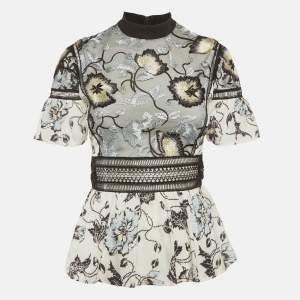 Pre Owned Self-Portrait Multicolor Crepe Floral Embroidered Ruffle Top S