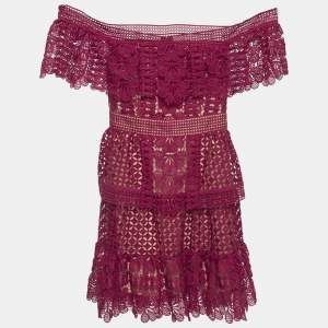 مملوكة مسبقًا Self-Portrait Burgundy Guipure Lace Off Shoulder Mini Dress S