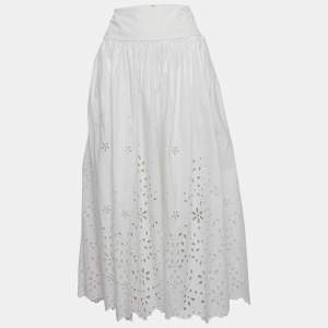 Pre Owned Self-Portrait White Cotton Embroidered Midi Skirt S