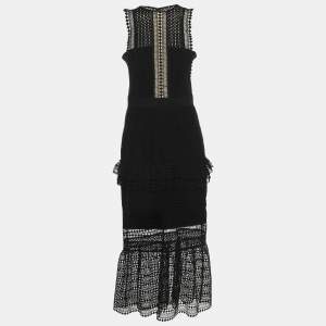 Pre Owned Self-Portrait Black Guipure Lace Tiered Midi Dress S