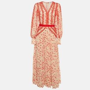 Pre Owned Self-Portrait Cream/Red Printed Chiffon Guipure Lace Trim plisse Dress M