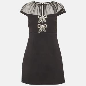مملوكة مسبقًا Self-Portrait Black Crepe and Mesh Bow Mini Dress S