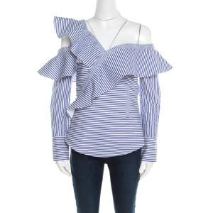 Self Portrait Blue and White Striped Ruffle Detail Off Shoulder Asymmetric Shirt S