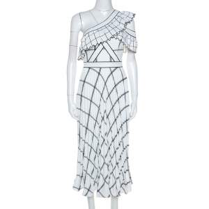 Self Portrait White Checked Crepe One Shoulder Pleated Dress XS