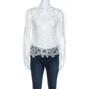 Self Portrait White Cutout Ruffle Detail Guipure Lace Top S