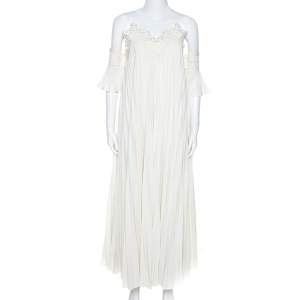 Self Portrait White Crepe Pleated Lace Trimmed Off Shoulder Dress L