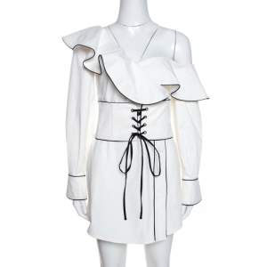 Self Portrait White Cotton One Shoulder Corset Belted Mini Dress S