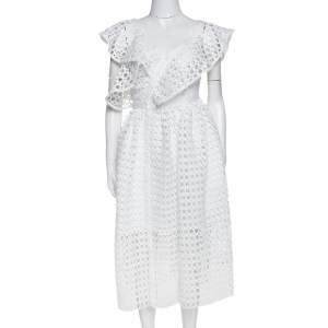 Self Portrait White Crochet Lace One Shoulder Ruffled Midi Dress S