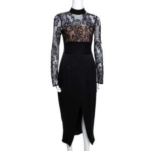 Self Portrait Black Bead and Sequin Embellished Lace Midi Dress S