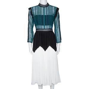 Self Portrait Green Panelled Guipure Lace Pleated Midi Dress M