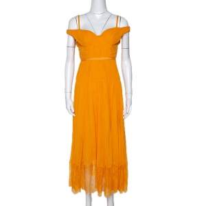 Self Portrait Orange Pleated Chiffon Off Shoulder Dress XS