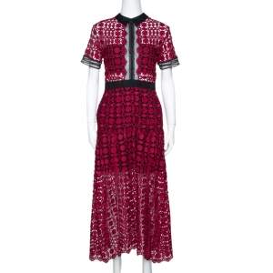 Self Portrait Burgundy Guipure Lace Contrast Trim Midi Dress M
