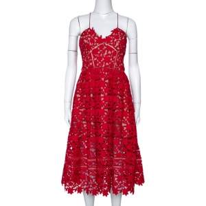 Self Portrait Red Floral Guipure Lace Noodle Strap Azaelea Midi Dress M