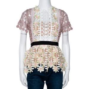 Self Portrait Multicolor 3D Floral Guipure Lace Peplum Top M