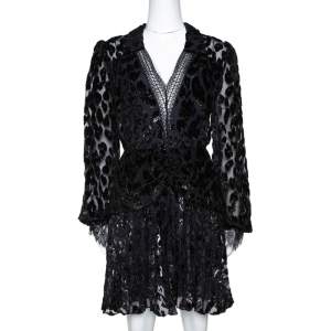 Self Portrait Black Metallic Leopard Devore Pleated Mini Dress L