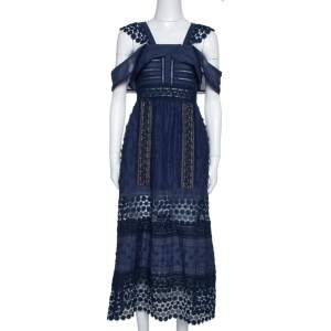 Self-Portrait Navy Blue Lace Paneled Bluebell Midi Dress S