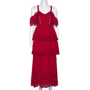 Self-Portrait Raspberry Red Lace Tiered Off Shoulder Dress S