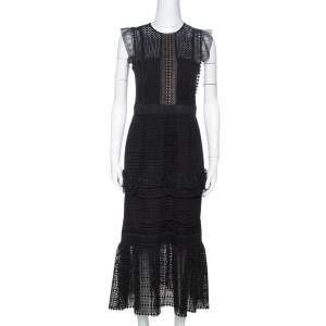 Self Portrait  Black Guipure Lace Ruffled Midi Dress M