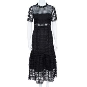 Self-Portrait Black Floral Lattice Lace Midi Dress M