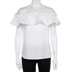 Self Portrait White Cotton Lace Panel Ruffled Hudson Top M