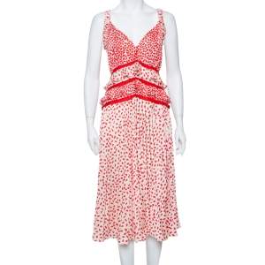 Self Portrait Cream & Red Dot Printed Satin Ruffle Detail Midi Dress L
